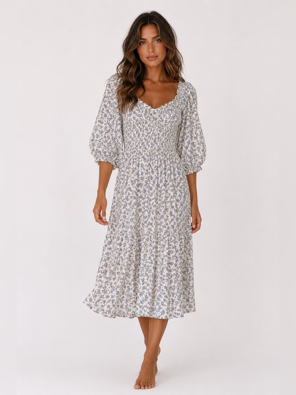 Torrid Blue Floral Smocked Midi Dress Cottagecore Romantic Milkmaid Ditsy Floral